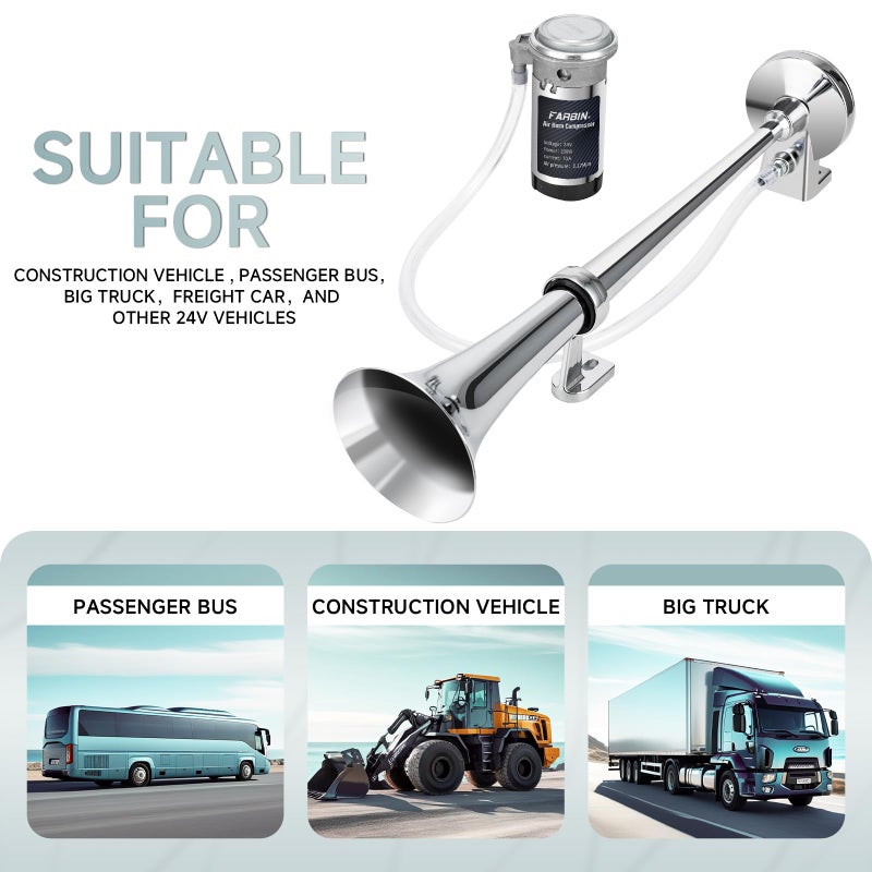 FARBIN هورن هواء قطار فربين 24 فولت 150 ديسيبل سوبر لود 18 بوصة كروم زنك بوق واحد مجموعة هورن هواء شاحنة مع ضاغط وكابل توصيل لأي مركبات 24 فولت - Image 4